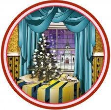 Christmas scene with a small Christmas tree by a window showing snow outside